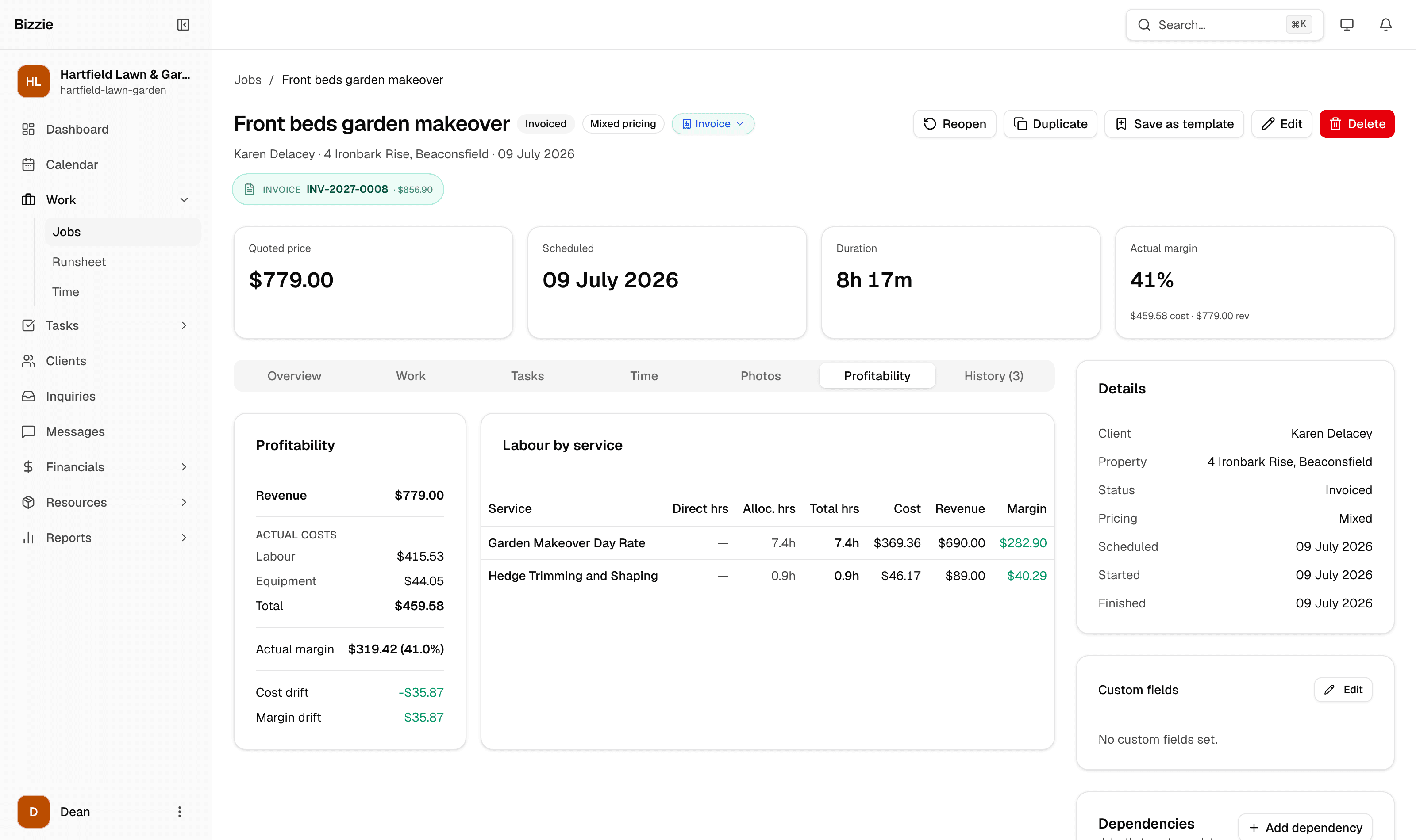 A completed job in Bizzie showing quoted price, actual costs by category and the actual margin percentage