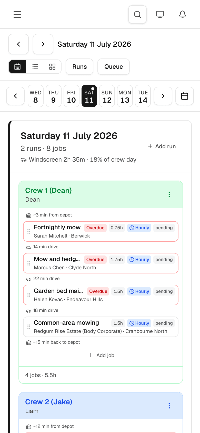 The Bizzie mobile runsheet a crew member sees: today's stops in order with drive times, on a phone