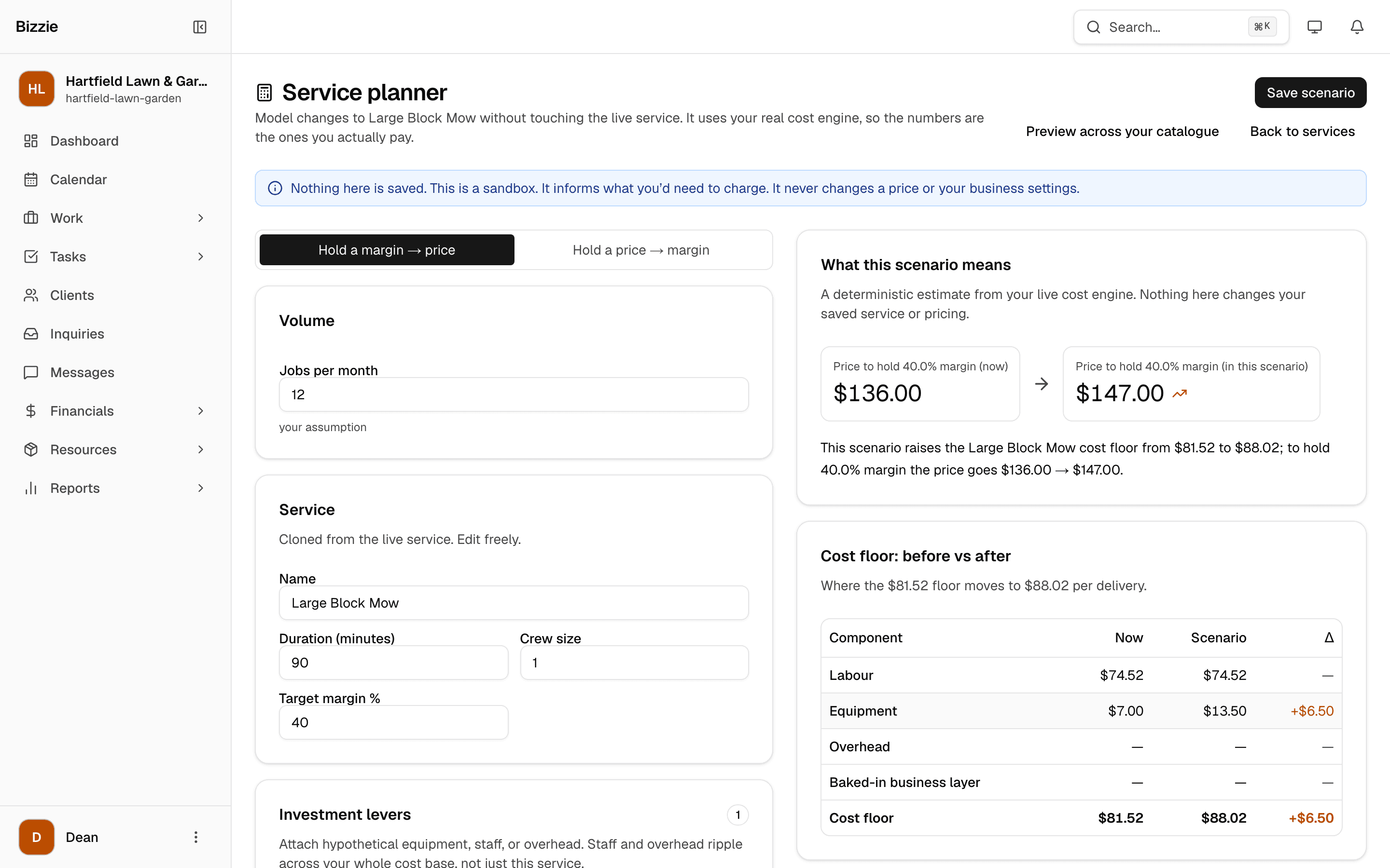 Bizzie service planner comparing the cost floor and required price before and after adding a new zero-turn mower